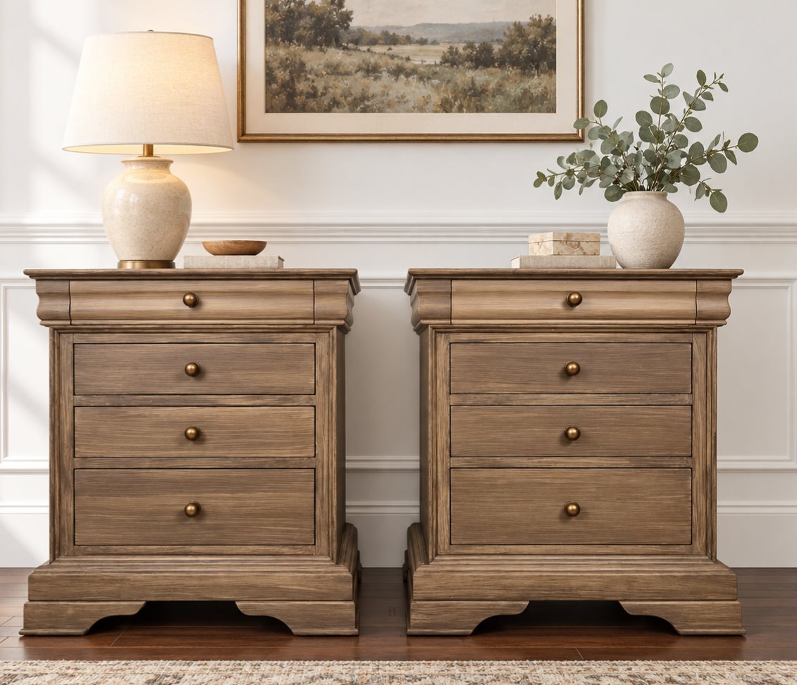 Bleached and cerused solid oak nightstands with warm light neutral wood finish and brass knobs