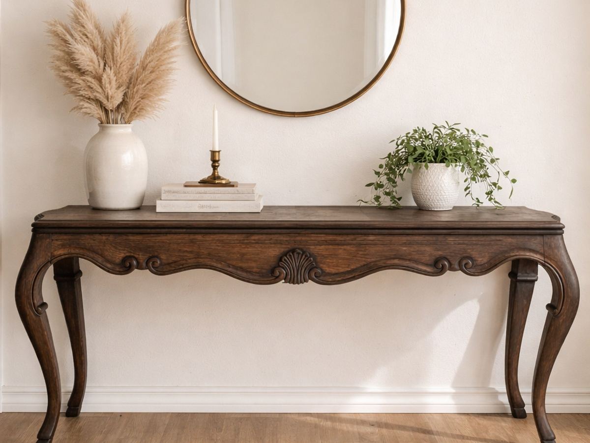 Carved console table after restoration with a warm wood finish and styled neutral decor