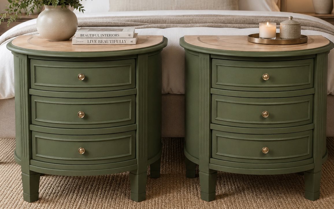 Pair of custom demi-lune nightstands in sage-olive lacquer with brass pulls restored by Broken Souls Restoration