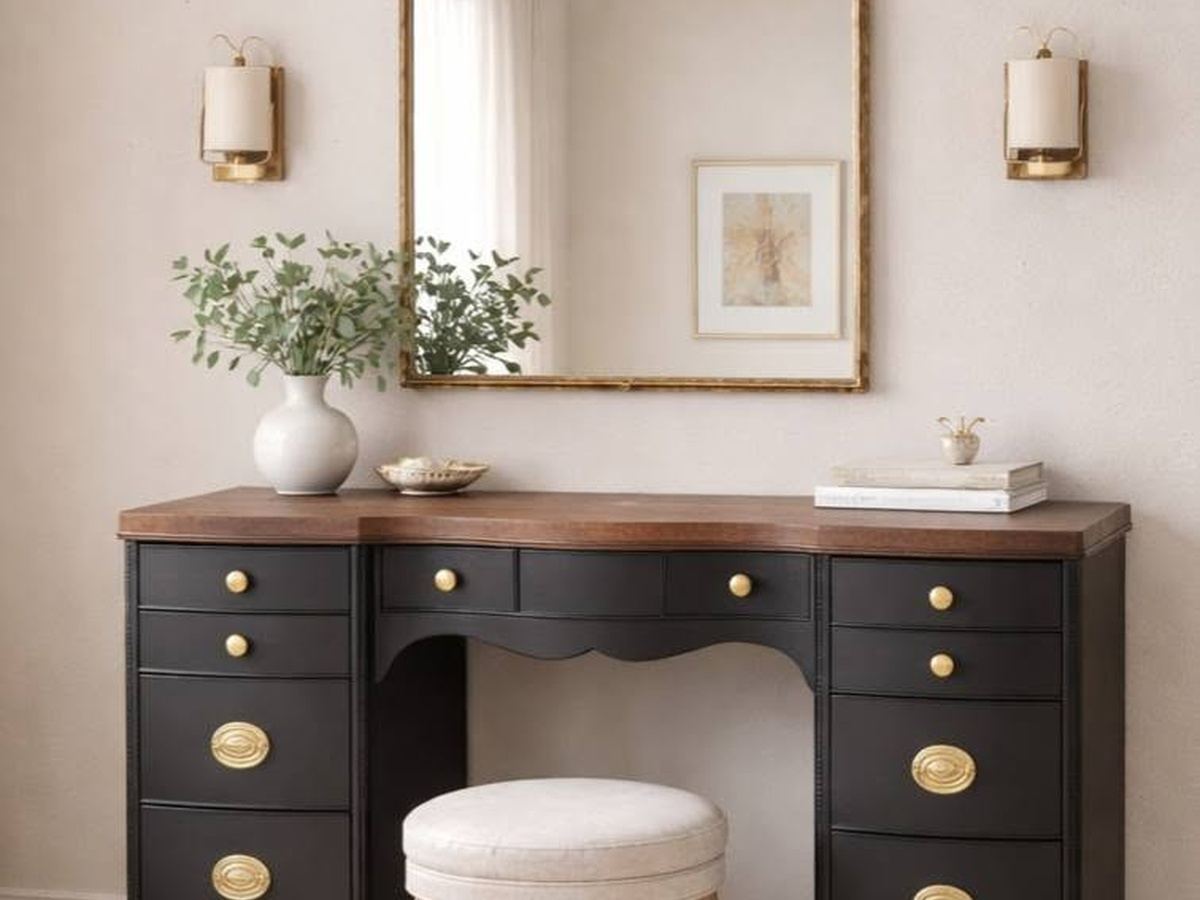 Finished black vanity desk with brass hardware, warm wood top, mirror, and styled decor