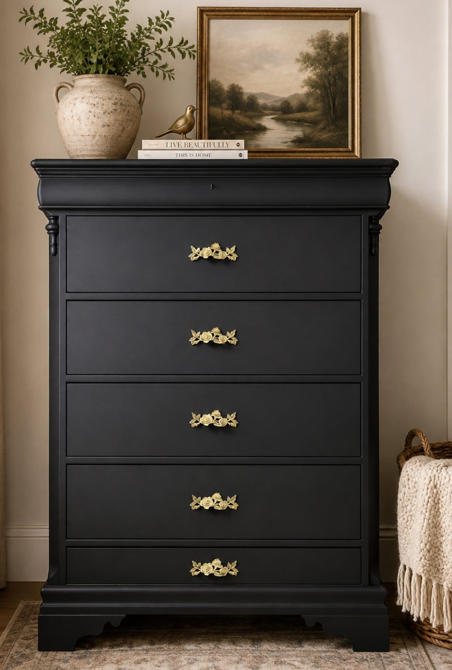 Antique Empire tallboy painted in solid satin black enamel with polished floral brass pulls