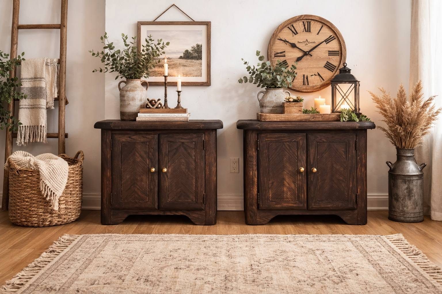 Matched oak console cabinet pair after dark espresso stain restoration — farmhouse styled with eucalyptus, candles, and a large wooden wall clock, Broken Souls Restoration Olympia WA