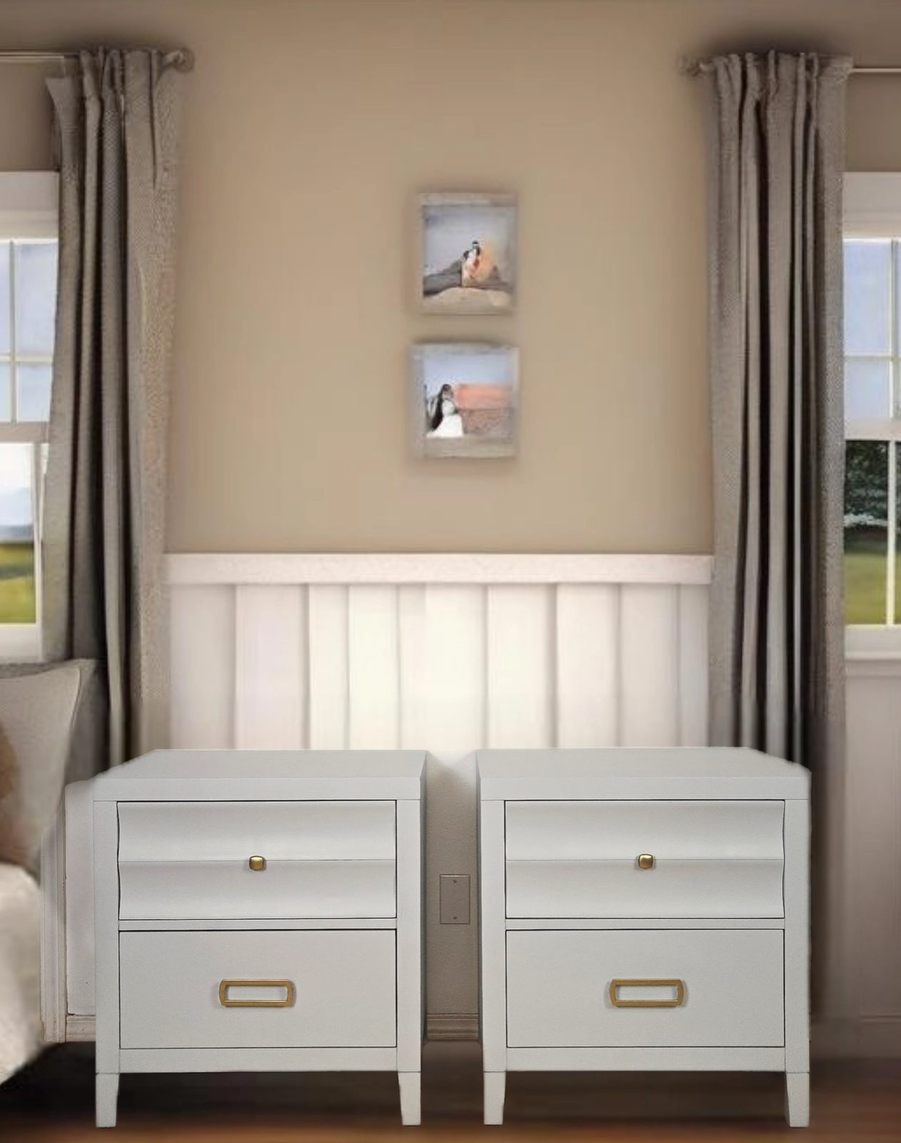 Pair of custom soft white painted nightstands with brushed brass drawer pulls in a bright bedroom