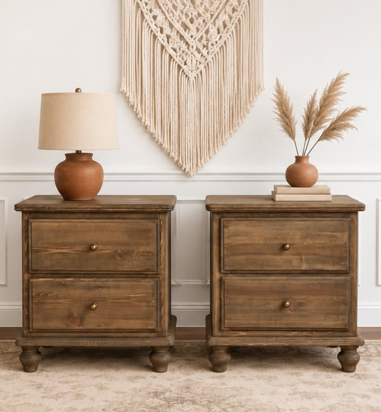 Traditional honey walnut nightstands with turned bun feet and brass knobs