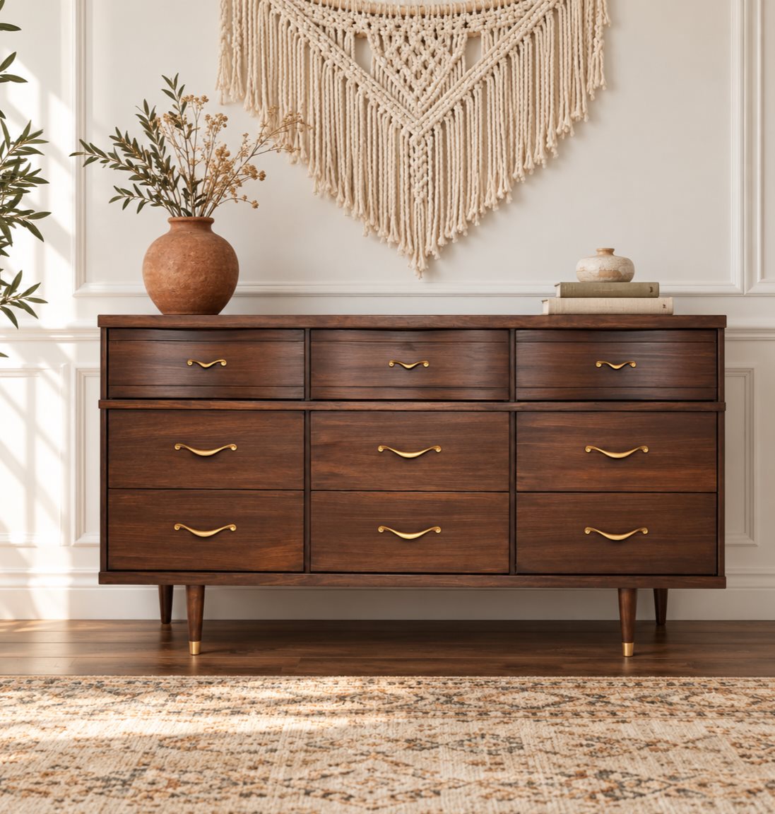 Mid-century modern 9-drawer credenza in rich walnut finish with brass hardware