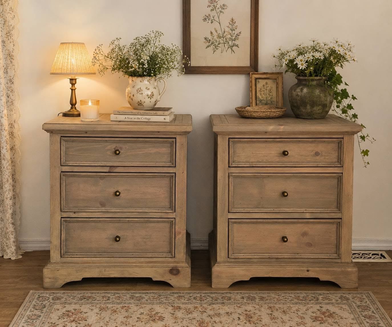 Soft natural nightstands after restoration styled with lamp, flowers, and warm decor
