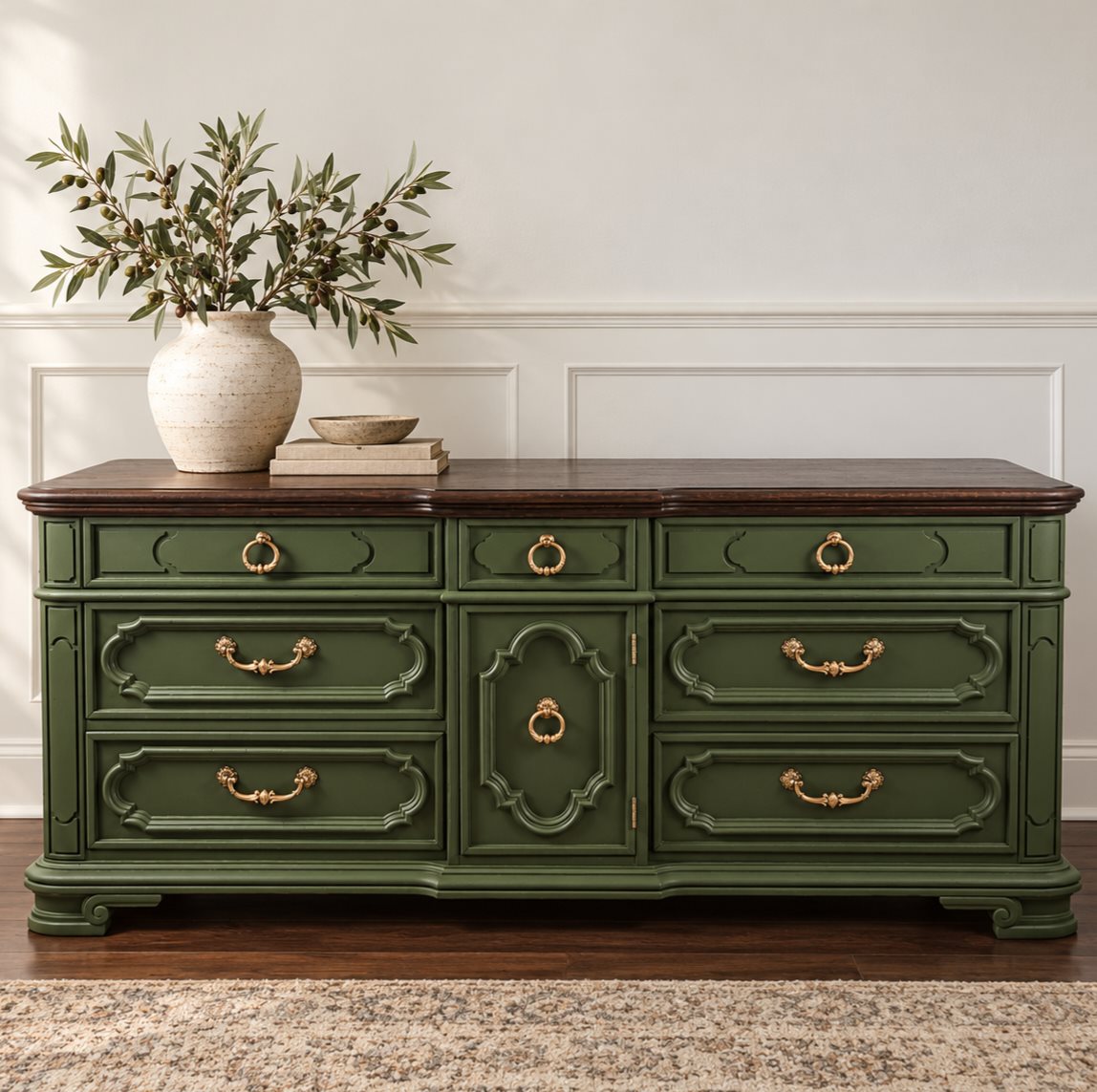 Muted botanical olive green credenza with dark walnut stained top and brass hardware
