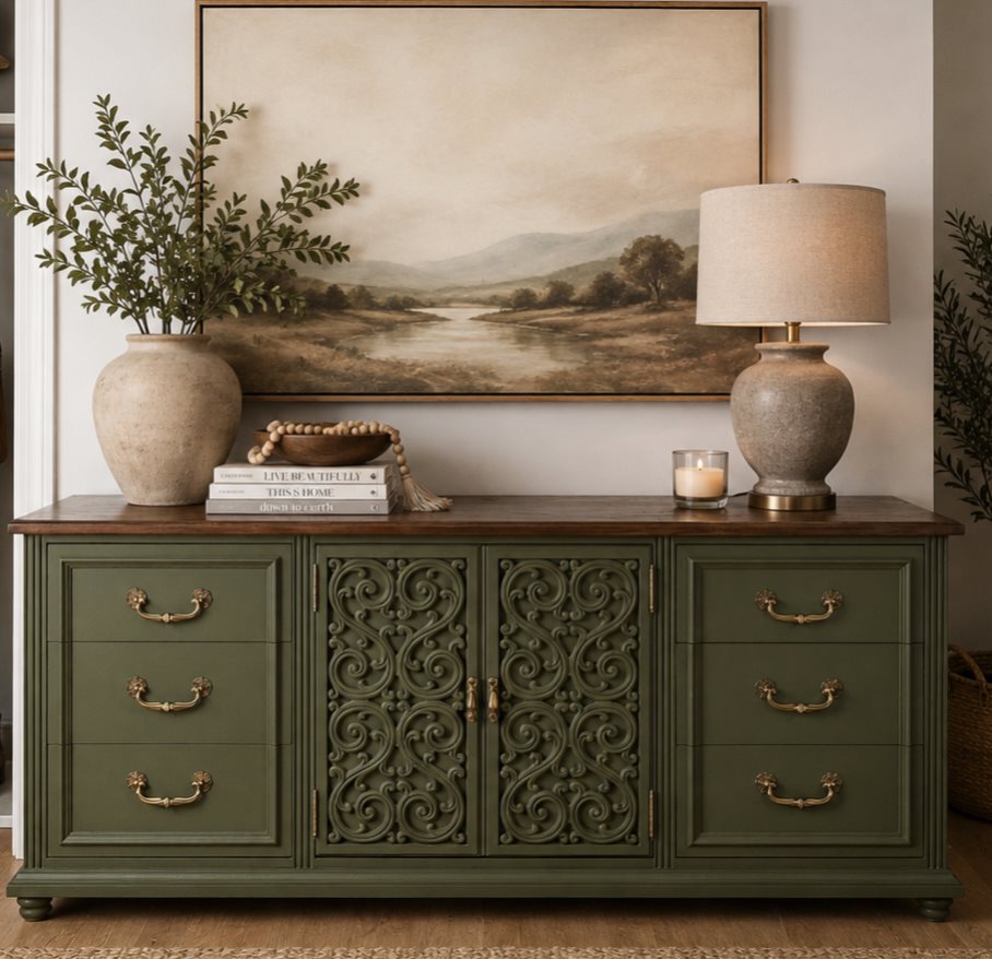 Ornate olive green credenza with stained dark wood top and pierced scrollwork doors