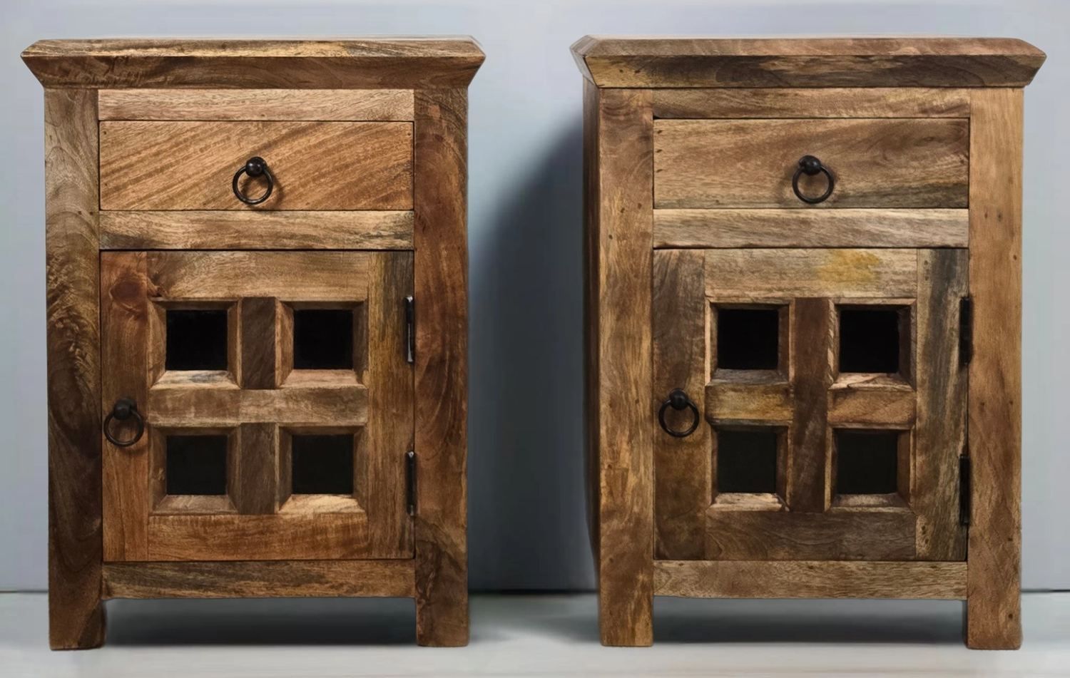 Rustic wood nightstand pair with black ring pulls