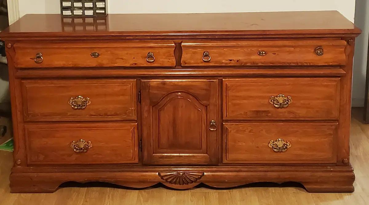 Original long wood dresser before the sage floral finish transformation