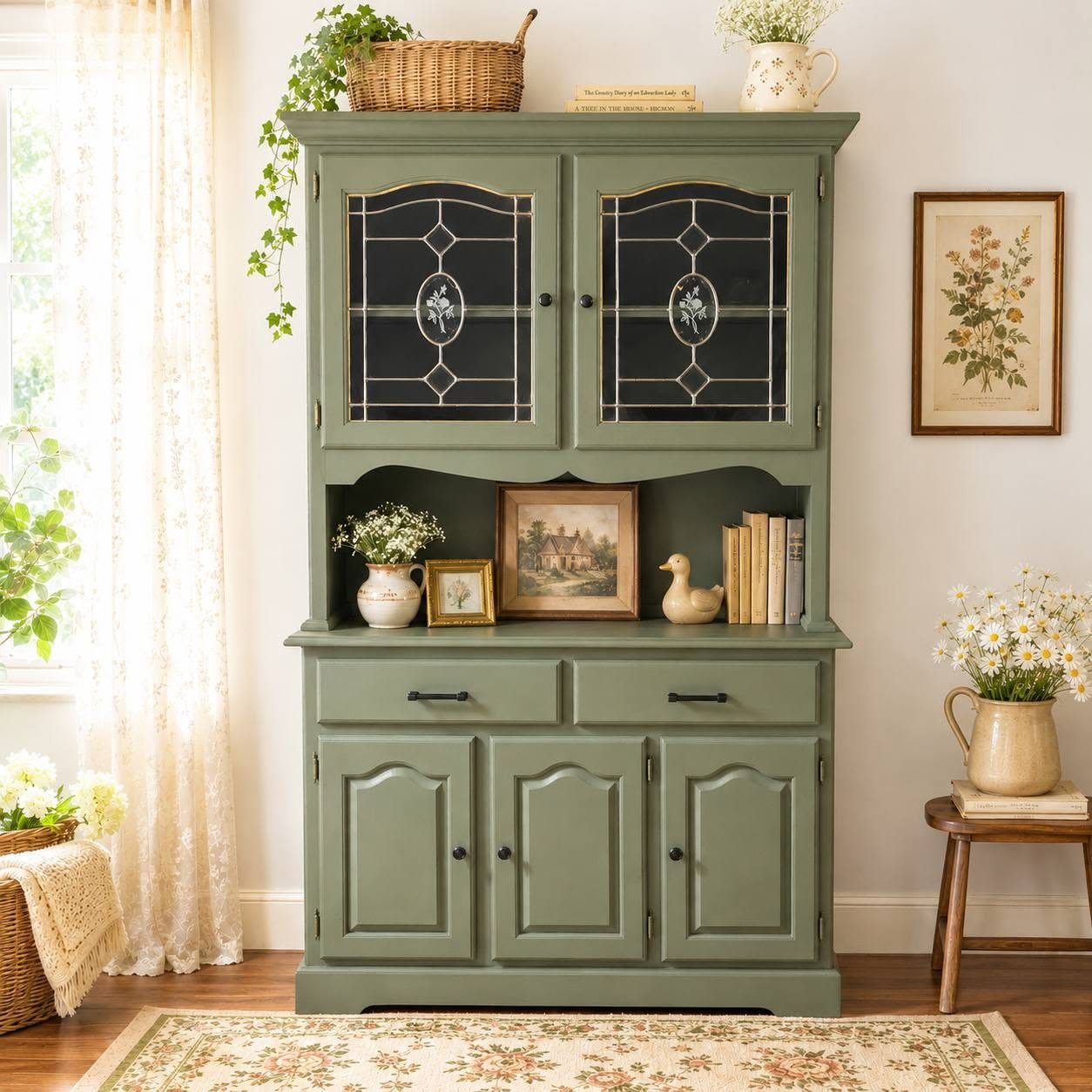 Oak china hutch after sage green painted transformation — matte olive finish, black hardware, leaded glass doors, styled with vintage pottery and botanical books, Broken Souls Restoration Olympia WA