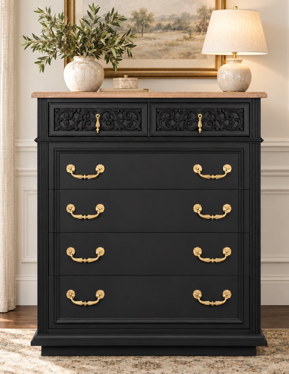 Restored vintage tallboy dresser with satin black finish, natural walnut top, and solid brass hardware