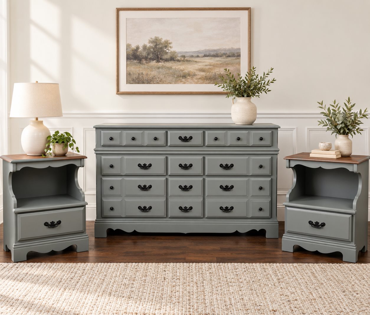 Three-piece bedroom suite in slate mineral blue with stained wood tops and matching nightstands
