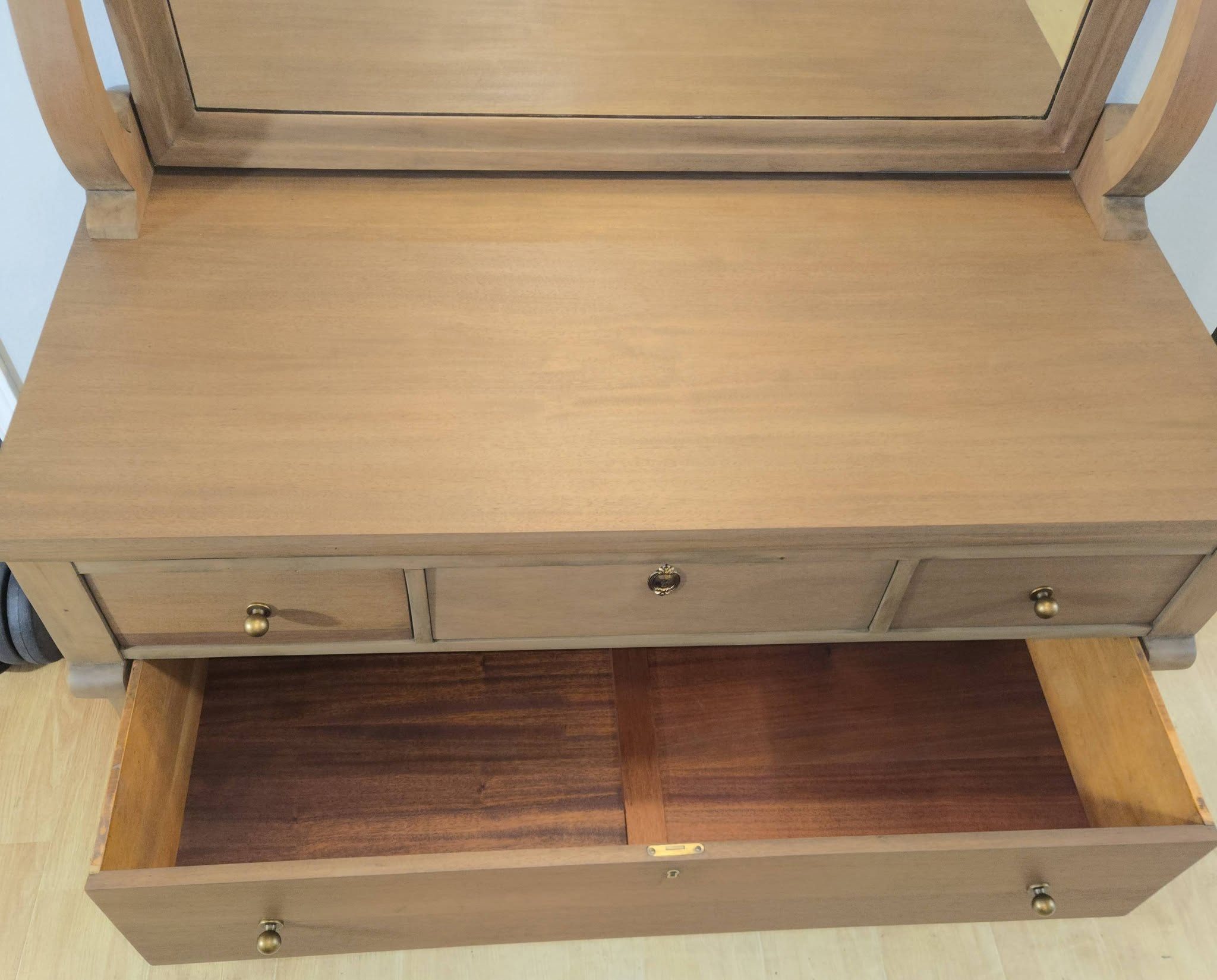 Overhead view of restored Sligh Empire dresser showing clean top surface and open top drawer interior — solid mahogany construction visible, Broken Souls Restoration Olympia WA